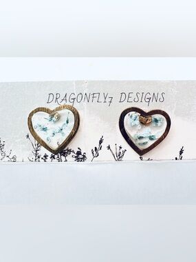 Dragonfly Designs Heart Stud Earrings in White and Teal